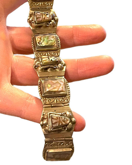 Vintage Aztec Mayan Warrior Silver Alpaca Mexico Abalone Bracelet