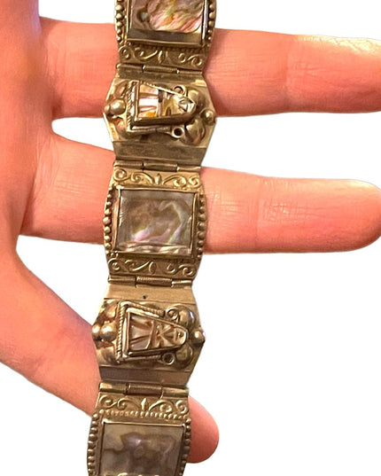 Vintage Aztec Mayan Warrior Silver Alpaca Mexico Abalone Bracelet