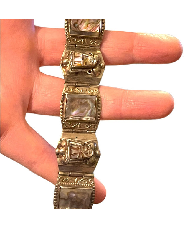 Vintage Aztec Mayan Warrior Silver Alpaca Mexico Abalone Bracelet