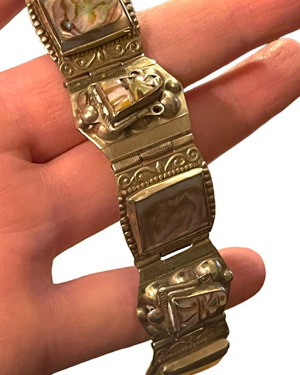 Vintage Aztec Mayan Warrior Silver Alpaca Mexico Abalone Bracelet