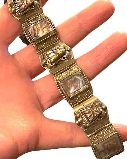 Vintage Aztec Mayan Warrior Silver Alpaca Mexico Abalone Bracelet