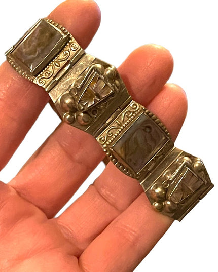 Vintage Aztec Mayan Warrior Silver Alpaca Mexico Abalone Bracelet
