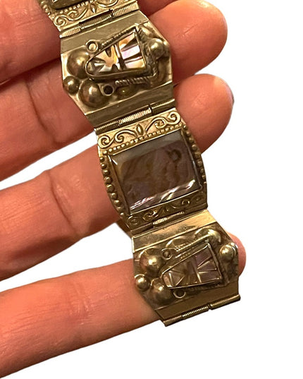 Vintage Aztec Mayan Warrior Silver Alpaca Mexico Abalone Bracelet