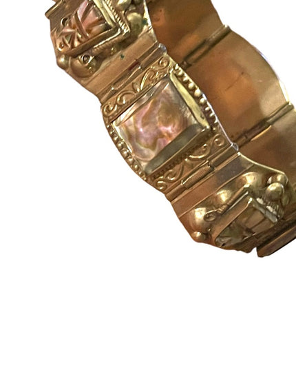 Vintage Aztec Mayan Warrior Silver Alpaca Mexico Abalone Bracelet