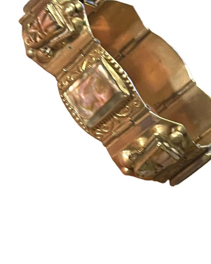 Vintage Aztec Mayan Warrior Silver Alpaca Mexico Abalone Bracelet