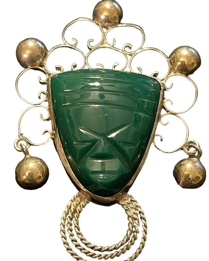 Vintage 1960s E Ortiz Sterling silver 925 Green Onyx Mayan Aztec Mexico Brooch
