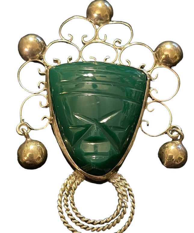 Vintage 1960s E Ortiz Sterling silver 925 Green Onyx Mayan Aztec Mexico Brooch