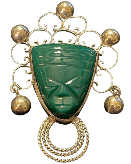 Vintage 1960s E Ortiz Sterling silver 925 Green Onyx Mayan Aztec Mexico Brooch