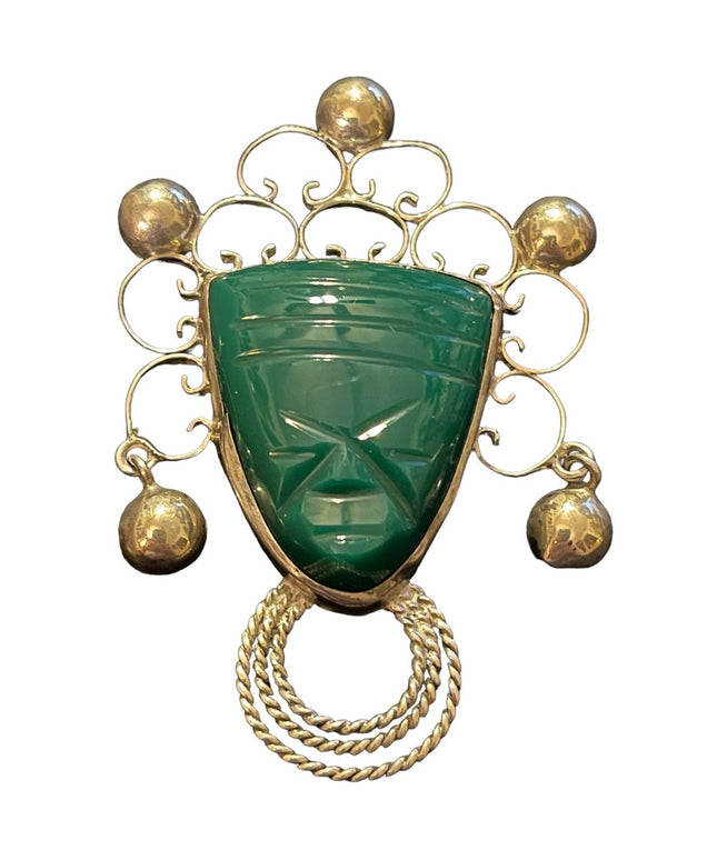 Vintage 1960s E Ortiz Sterling silver 925 Green Onyx Mayan Aztec Mexico Brooch