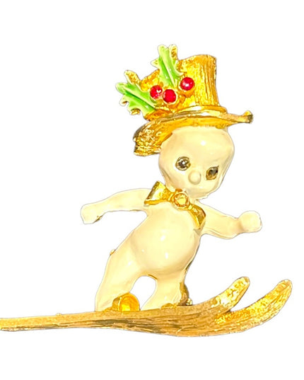 Vintage MYIU skiing christmas snow man gold finish brooch enameled