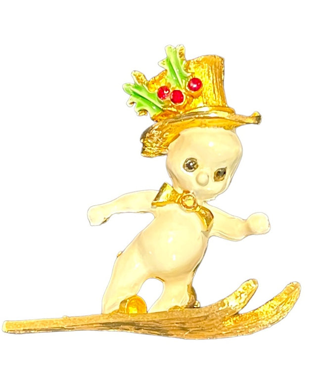 Vintage MYIU skiing christmas snow man gold finish brooch enameled