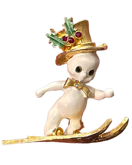 Vintage MYIU skiing christmas snow man gold finish brooch enameled