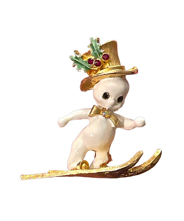 Vintage MYIU skiing christmas snow man gold finish brooch enameled