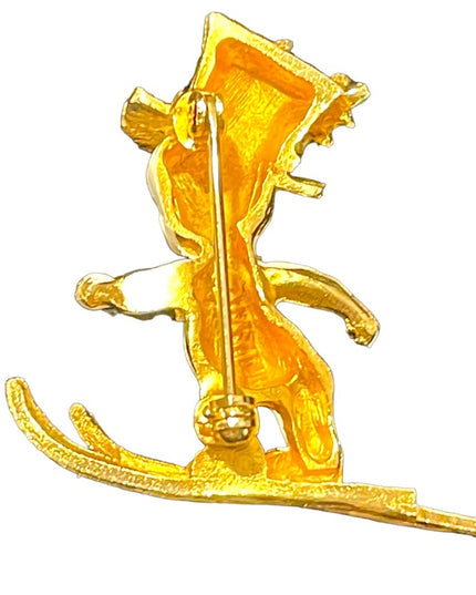 Vintage MYIU skiing christmas snow man gold finish brooch enameled
