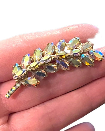 Vintage 1960s AB crystal Leaf brooch gold finish