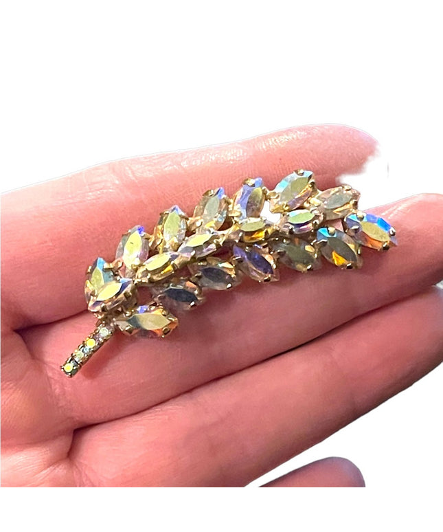 Vintage 1960s AB crystal Leaf brooch gold finish