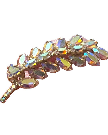 Vintage 1960s AB crystal Leaf brooch gold finish