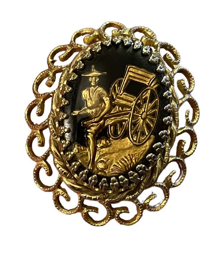 Vintage black glass cameo RICKSHAW gold ornate metal finish