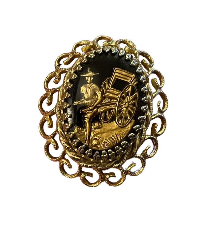 Vintage black glass cameo RICKSHAW gold ornate metal finish