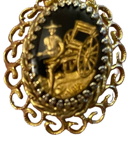 Vintage black glass cameo RICKSHAW gold ornate metal finish
