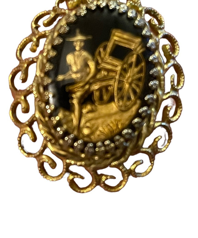 Vintage black glass cameo RICKSHAW gold ornate metal finish