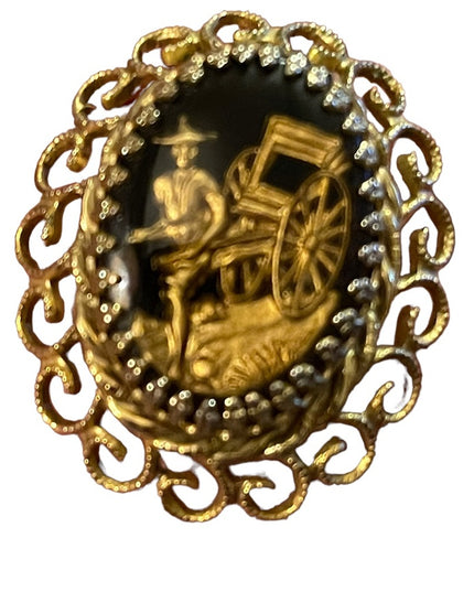 Vintage black glass cameo RICKSHAW gold ornate metal finish