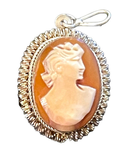 Vintage 1960s  800 silver Carnelian shell Cameo necklace Pendant ornate