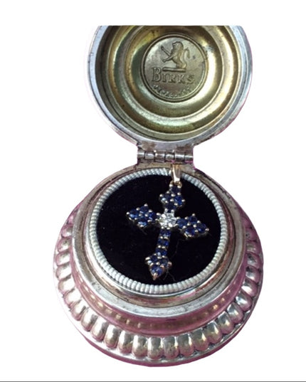 Vintage 10k gold sapphire & diamond cross pendant