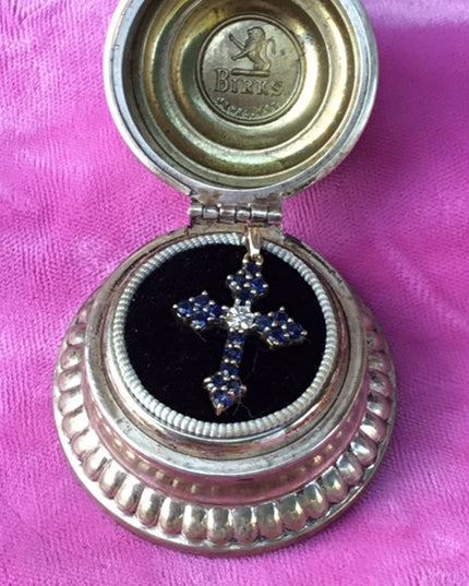 Vintage 10k gold sapphire & diamond cross pendant