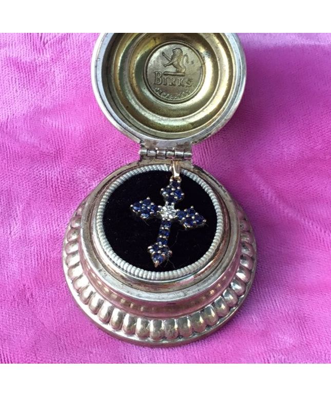 Vintage 10k gold sapphire & diamond cross pendant