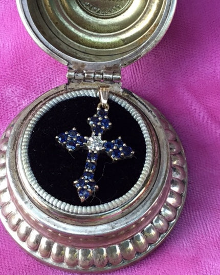 Vintage 10k gold sapphire & diamond cross pendant