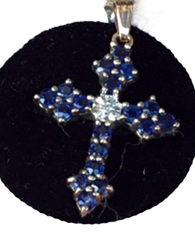 Vintage 10k gold sapphire & diamond cross pendant