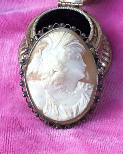 Antique Victorian Sterling high relief carved shell cameo brooch LARGE Heavy!