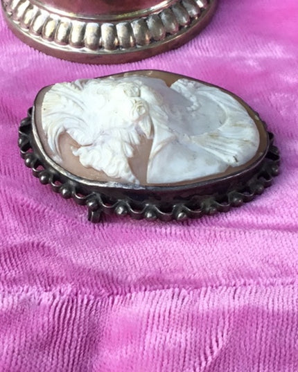 Antique Victorian Sterling high relief carved shell cameo brooch LARGE Heavy!