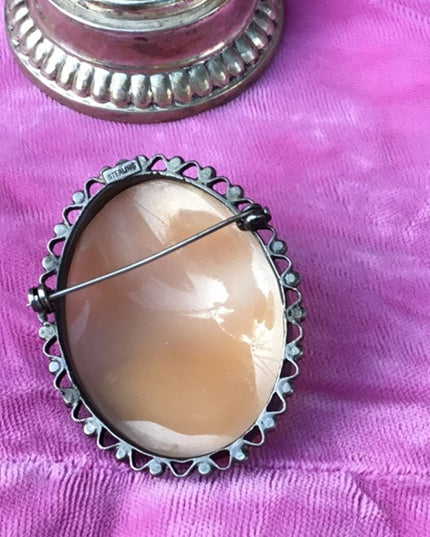 Antique Victorian Sterling high relief carved shell cameo brooch LARGE Heavy!