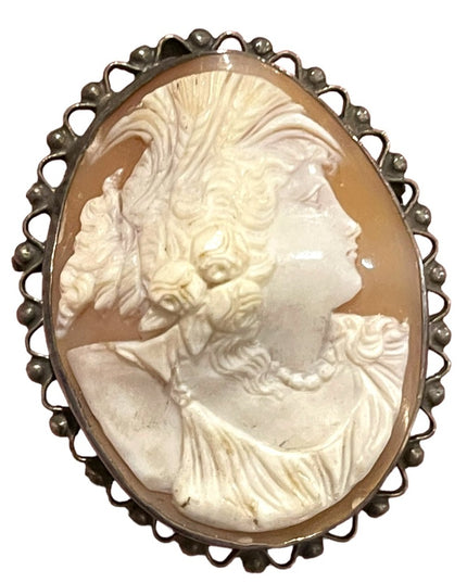 Antique Victorian Sterling high relief carved shell cameo brooch LARGE Heavy!
