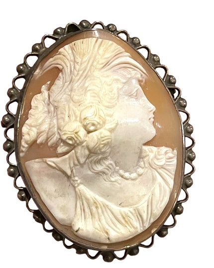 Antique Victorian Sterling high relief carved shell cameo brooch LARGE Heavy!