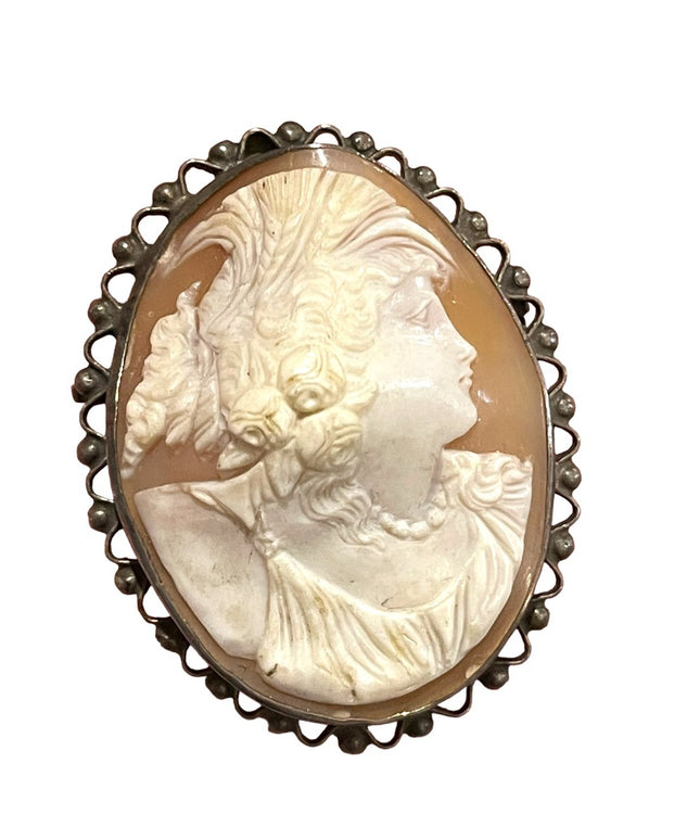 Antique Victorian Sterling high relief carved shell cameo brooch LARGE Heavy!