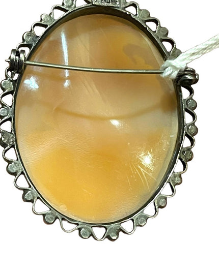 Antique Victorian Sterling high relief carved shell cameo brooch LARGE Heavy!