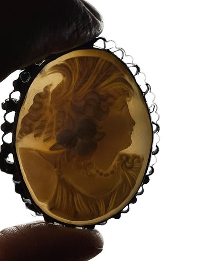 Antique Victorian Sterling high relief carved shell cameo brooch LARGE Heavy!