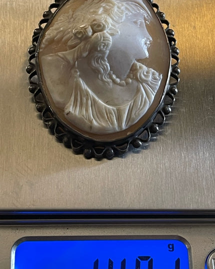 Antique Victorian Sterling high relief carved shell cameo brooch LARGE Heavy!