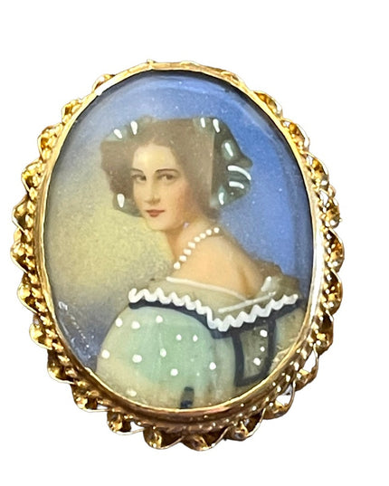 Vintage 14k Gold hand painted Cameo pendant brooch