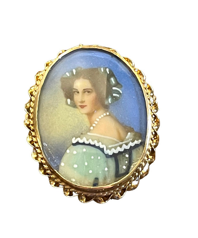 Vintage 14k Gold hand painted Cameo pendant brooch