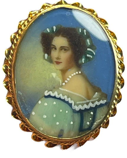 Vintage 14k Gold hand painted Cameo pendant brooch