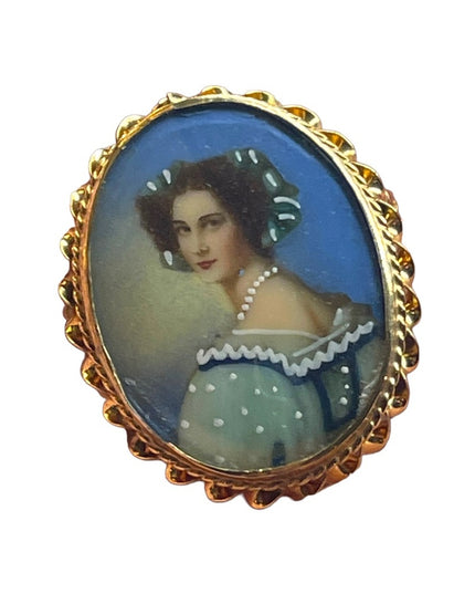 Vintage 14k Gold hand painted Cameo pendant brooch