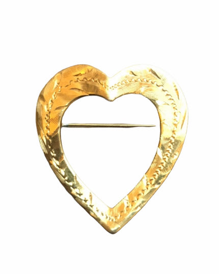 Vintage Victorian style 14k solid  GOLD etched Heart brooch
