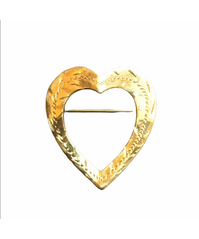 Vintage Victorian style 14k solid  GOLD etched Heart brooch