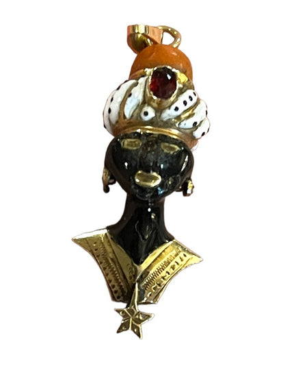 Antique 1800s Blackamoor Solid Gold Coral Enamel Pendant  Italy Ruby Coral