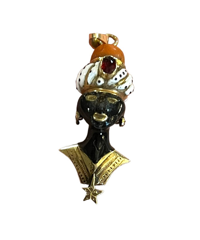 Antique 1800s Blackamoor Solid Gold Coral Enamel Pendant  Italy Ruby Coral