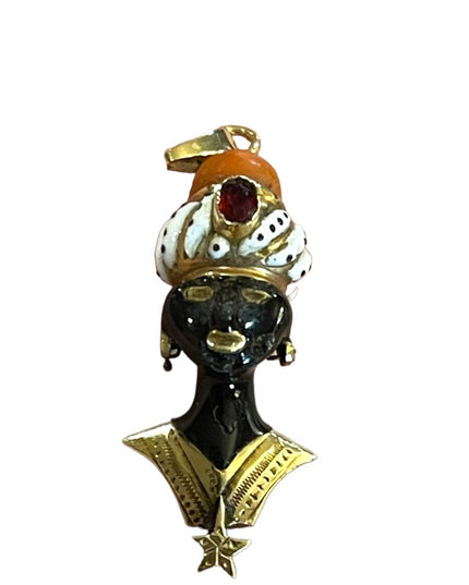 Antique 1800s Blackamoor Solid Gold Coral Enamel Pendant  Italy Ruby Coral